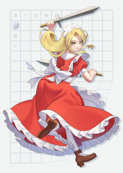 Rule 34 | 1girl, absurdres, apron, blonde hair, brown footwear, commentary request, dress, dual wielding, frilled apron, frilled dress, frills, guumin, highres, holding, holding sword, holding weapon, maid apron, maid headdress, mystic square, pantyhose, red dress, solo, sword, touhou, touhou (pc-98), weapon, white apron, white pantyhose, yellow eyes, yumeko (touhou)