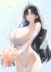 1girl absurdres black_hair blue_eyes blue_sky bouquet breasts bridal_veil bride commentary commission cowboy_shot egoswans elbow_gloves falling_petals fishnet_thighhighs fishnets flower gloves halter_leotard halterneck highleg highleg_leotard highres holding holding_bouquet huge_breasts korean_commentary leotard light_blush long_hair looking_at_viewer original parted_lips petals pink_flower pink_rose pixiv_commission rose rose_petals sideless_leotard sideless_outfit sky smile solo standing teeth thighhighs tiara veil very_long_hair white_gloves white_leotard