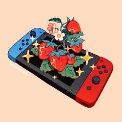 Rule 34 | artist name, commentary, english commentary, flower, food, fruit, handheld game console, jauni (tofublock), leaf, lowres, nintendo switch, no humans, orange background, original, plant, simple background, sparkle, still life, strawberry, strawberry blossoms, strawberry plant, white flower