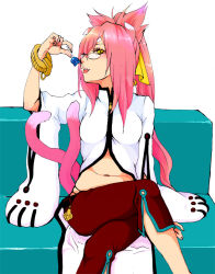 Rule 34 | 1girl, animal ears, arc system works, blazblue, bracelet, breasts, candy, cat ears, cat girl, cat tail, couch, female focus, food, glasses, jewelry, kokonoe (blazblue), lab coat, crossed legs, lollipop, long hair, majoccoid, midriff, multiple tails, open mouth, pants, pink hair, ponytail, ribbon, saliva, sitting, slit pupils, solo, tail, tongue, yellow eyes, yellow ribbon