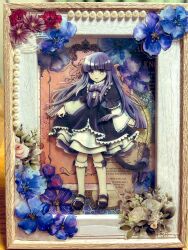 Rule 34 | 1girl, black dress, black footwear, blue flower, blue hair, blunt bangs, blunt ends, bow, cat tail, collage, dress, dress bow, flat chest, flower, frederica bernkastel, frilled dress, frilled sleeves, frills, full body, highres, hime cut, kneehighs, layered dress, lolita fashion, long hair, long sleeves, looking at viewer, mary janes, parted lips, photo (medium), picture frame, puffy sleeves, purple eyes, red flower, ribbon, rose, shoes, sirase souya, skirt hold, socks, solo, standing, straight hair, tail, tail ornament, traditional media, two-tone dress, umineko no naku koro ni, white flower, white rose, white socks
