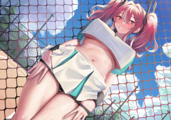 Rule 34 | 1girl, absurdres, azur lane, bare shoulders, black panties, blue sky, blush, breasts, bremerton (azur lane), bremerton (scorching-hot training) (azur lane), chain-link fence, crop top, crop top overhang, day, fence, grin, highres, large breasts, long hair, looking at viewer, mochirong, official alternate costume, outdoors, panties, pink eyes, pink hair, shoes, sidelocks, sky, smile, sneakers, solo, sportswear, sweat, tennis uniform, twintails, two-tone shirt, two-tone skirt, underboob, underwear, wristband