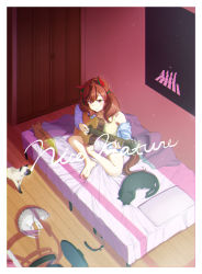 Rule 34 | 1girl, abbey road, absurdres, animal ears, barefoot, bed, bed sheet, blue jacket, brown eyes, brown hair, cat, chair, character name, closed mouth, closet, ear covers, full body, guitar, highres, horse ears, horse girl, horse tail, indoors, instrument, jacket, kuroneko (kuroneko3zizi), long hair, long sleeves, multicolored hair, music, nice nature (umamusume), off shoulder, office chair, pillow, playing instrument, poster (object), shadow, shorts, sitting, smile, solo, streaked hair, swivel chair, tail, tank top, the beatles, twintails, umamusume, white shorts