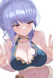 1girl against_fourth_wall bikini blue_bikini blue_hair blush breasts cleavage fire_emblem fire_emblem:_three_houses fire_emblem_heroes halterneck highres large_breasts looking_to_the_side marianne_von_edmund marianne_von_edmund_(summer) n_54 navel nervous nintendo simple_background solo swimsuit