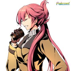 Rule 34 | 1girl, can, canned coffee, claieth, closed eyes, coat, drink can, eiyuu densetsu, falcom, from side, fur collar, gloves, holding, holding can, long hair, official art, pink hair, ponytail, portrait, sara valestein, sen no kiseki, simple background, solo, sweater, white background