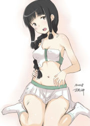 Rule 34 | 10s, 1girl, bare shoulders, black hair, blunt bangs, braid, breasts, hair over shoulder, kantai collection, kitakami (kancolle), long hair, masaoka misaki, navel, open mouth, personification, single braid, skirt, torn clothes