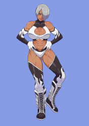 Rule 34 | 1girl, abs, absurdres, alternate costume, angel (kof), blue eyes, boots, breasts, cirenk, cleavage, cleavage cutout, clothing cutout, commission, elbow gloves, flame print, gloves, grey hair, highres, large breasts, lips, multicolored clothes, multicolored gloves, multicolored legwear, muscular, muscular female, navel, print legwear, short hair, simple background, smile, solo, the king of fighters, toned, wrestling outfit