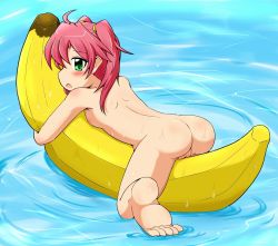 Rule 34 | 10s, 1girl, :o, ahoge, armpits, ass, back, banana, banana boat, blush, body blush, breast press, breasts, fat mons, feet, food, from side, fruit, full body, green eyes, gunslinger stratos, hair between eyes, hair tie, hug, inflatable toy, looking at viewer, looking back, lying, nipples, nude, hugging object, on stomach, pink hair, profile, pussy, red hair, ripples, senyou6060, shinou matsurika, small breasts, soles, solo, straddling, surprised, twintails, uncensored, water, wet