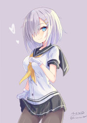 Rule 34 | 1girl, absurdres, black pantyhose, blue eyes, breasts, clothes lift, gloves, hair ornament, hair over one eye, hairclip, hamakaze (kancolle), heart, highres, hizaka, kantai collection, large breasts, looking at viewer, neckerchief, pantyhose, pleated skirt, school uniform, serafuku, short hair, short sleeves, simple background, skirt, skirt lift, smile, solo, white gloves, white hair, yellow neckerchief