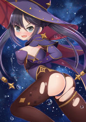 Rule 34 | 1girl, ass, blush, breasts, cape, embarrassed, fang, genshin impact, gloves, green eyes, hair ornament, hat, highres, leotard, long hair, looking at viewer, medium breasts, mona (genshin impact), nc731, open mouth, pantyhose, purple hair, shiny clothes, shiny skin, sideboob, smile, solo, thighlet, torn clothes, torn pantyhose, twintails, very long hair, water
