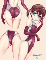 Rule 34 | 10s, 1girl, adapted costume, adjusting eyewear, artist name, ass, bad id, bad pixiv id, black hair, blue-framed eyewear, breasts, brown hair, competition swimsuit, covered navel, crotch seam, elbow gloves, franz (217franz), from behind, glasses, gloves, green eyes, halterneck, highres, kantai collection, leotard, looking at viewer, multicolored hair, multiple views, okinami (kancolle), one-piece swimsuit, parted lips, pink hair, purple gloves, purple leotard, purple one-piece swimsuit, short hair, short ponytail, simple background, skindentation, sleeveless, small breasts, standing, swimsuit, thigh gap, thighs, twitter username, white background