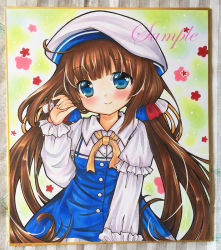 Rule 34 | 1girl, blonde hair, blue dress, blue eyes, blush, brown hair, closed mouth, collared dress, cowboy shot, dress, frilled sleeves, frills, green background, hand in own hair, head tilt, hinatsuru ai, juliet sleeves, long sleeves, looking at viewer, marker (medium), multicolored clothes, multicolored dress, neck ribbon, photo (medium), puffy sleeves, ribbon, rui (sugar3), ryuuou no oshigoto!, sample watermark, smile, solo, traditional media, watermark, white dress, white headwear
