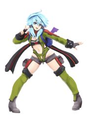 Rule 34 | 10s, 1girl, aqua hair, backpack, bag, barbariank, blue eyes, boots, breasts, center opening, colored eyelashes, detached leggings, fingerless gloves, full body, fusion, gloves, green legwear, hair tubes, highres, navel, neptune (series), nippon ichi (neptunia), pigeon-toed, pouch, scarf, short hair, short shorts, short twintails, shorts, sinon, solo, sports bra, standing, sword art online, thigh pouch, transparent background, twintails, unzipped, v