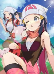 Rule 34 | 2girls, akari (pokemon), bare arms, beanie, black hair, black pantyhose, black socks, blush, boots, breasts, cleavage, cloud, commentary request, creatures (company), dawn (pokemon), day, eyelashes, fang, game freak, grass, grey eyes, hat, head scarf, heart, heart in mouth, highres, hisuian form, hisuian growlithe, holding, holding pokemon, katwo, kneehighs, long hair, multiple girls, nintendo, open mouth, outdoors, pantyhose, pink footwear, pink skirt, pokemon, pokemon (creature), pokemon dppt, pokemon legends: arceus, ponytail, scarf, shirt, sidelocks, skirt, sky, sleeveless, sleeveless shirt, socks, sun, white headwear