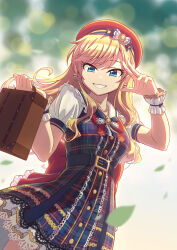 Rule 34 | 1girl, absurdres, bag, belt, beret, blonde hair, blue eyes, blurry, blurry background, blush, commentary request, dress, earrings, grin, hat, highres, holding, holding bag, idolmaster, idolmaster cinderella girls, jewelry, leaf, long hair, looking at viewer, mmmx (fittails), ohtsuki yui, plaid, plaid dress, red hat, salute, school bag, shirt, shirt under dress, short dress, smile, solo, two-finger salute, white shirt, wrist cuffs