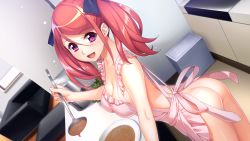 Rule 34 | 1girl, apron, ass, blush, breasts, cleavage, cooking, couch, female focus, from above, game (=eroge) mitai na, suteki na koi ga shitai!, game cg, hadashi shoujo, happy, highres, holding, holding ladle, indoors, ino (magloid), kitchen, ladle, legs, looking at viewer, medium breasts, naked apron, open mouth, original, otokaze marine, pink eyes, red hair, smile, solo, standing, swept bangs, thighs, twintails