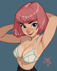 1girl armpits arms_up artist_name blue_eyes bob_cut bra breasts cleavage commentary english_commentary galmesh_rosewood highres large_breasts looking_at_viewer no_shirt original pink_hair short_hair simple_background solo underwear