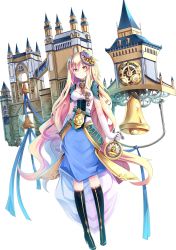 Rule 34 | 1girl, architecture, artist request, bell, black footwear, blonde hair, blue skirt, boots, castle, elbow gloves, full body, gloves, hair ornament, highres, holding, holding bell, long hair, looking at viewer, official art, oshiro project:re, oshiro project:re, skirt, smile, solo, thigh boots, thighhighs, transparent background, very long hair, wavy hair, westminster palace (oshiro project), white gloves, yellow eyes