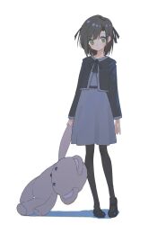 Rule 34 | 1girl, asymmetrical bangs, black bow, black bowtie, black footwear, black vest, bow, bowtie, brown hair, closed mouth, dot nose, dress, expressionless, full body, green eyes, grey dress, hair ornament, hairclip, highres, holding, holding stuffed toy, kurobeko (kur0bek0), long sleeves, looking at viewer, mary janes, medium hair, original, shadow, shoes, simple background, solo, standing, stuffed animal, stuffed toy, teddy bear, vest, white background