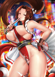 Rule 34 | 1girl, bare shoulders, breasts, brown eyes, brown hair, center opening, cleavage, cyicheng, dress, fatal fury, fire, folding fan, forehead, hand fan, high ponytail, holding, holding fan, japanese clothes, large breasts, long hair, looking at viewer, no bra, parted bangs, pelvic curtain, ponytail, red dress, revealing clothes, revision, sash, shiranui mai, sideboob, smile, solo, the king of fighters, thick thighs, thighs