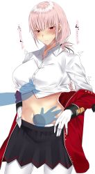 Rule 34 | 1girl, black skirt, braid, breasts, buttons, closed mouth, clothes lift, collared shirt, commentary request, cowboy shot, fate/grand order, fate (series), florence nightingale (fate), gloves, hair between eyes, hands on own hips, highres, large breasts, lifting another&#039;s clothes, long sleeves, looking down, navel, onineko-chan, pantyhose, pink hair, pleated skirt, red eyes, shirt, shirt lift, simple background, single braid, skirt, solo focus, spoken blush, stomach, sweat, white background, white gloves, white pantyhose, white shirt