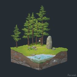 Rule 34 | absurdres, artist name, boulder, cross-section, diorama, grass, grey background, highres, lily pad, nature, no humans, path, pixel art, road, rock, scenery, simon hintermann, tree, water