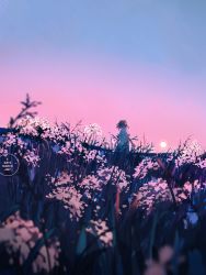 Rule 34 | 1other, androgynous, blue sky, blurry, commentary, depth of field, english commentary, flower, from below, grass, loika, nature, original, outdoors, pink flower, pink sky, purple flower, sky, standing, upper body, watermark
