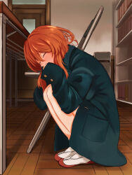 1girl 621_joker_123 asahina_mikuru blazer chair closed_eyes clubroom coat commentary_request door green_coat green_jacket highres indoors jacket kita_high_school_uniform knees_up long_hair long_sleeves orange_hair pocket school_chair school_uniform shoes sleeves_past_fingers sleeves_past_wrists solo squatting suzumiya_haruhi_no_yuuutsu table uwabaki