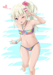 Rule 34 | 1girl, bandeau, bikini, blonde hair, blue bikini, bow, commentary request, cowboy shot, flat chest, flower, grecale (kancolle), green eyes, hair bow, hair flower, hair ornament, hairclip, highres, kantai collection, long hair, looking at viewer, multicolored bikini, multicolored clothes, navel, one eye closed, ponytail, solo, swimsuit, takomeshi, thigh gap, wavy hair