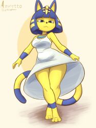 1girl :&lt; absurdres animal_crossing animal_ears animal_feet animal_nose ankha_(animal_crossing) artist_name azuretto bare_shoulders barefoot blue_eyes blue_hair blunt_bangs bob_cut body_fur breasts cat_ears cat_girl cat_tail closed_mouth clothes_lift crossed_legs dress dress_lift feet female_focus full_body furry furry_female hair_ornament half-closed_eyes highres legs lifting_own_clothes medium_breasts nintendo short_hair sidelocks signature simple_background sleeveless sleeveless_dress snake_hair_ornament solo standing striped_tail tail thick_thighs thighs twitter_username white_dress wide_hips yellow_background yellow_fur yellow_theme