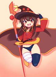 Rule 34 | 1girl, bandaged leg, bandages, black gloves, black headwear, black panties, black thighhighs, blush, brown cape, brown hair, cape, choker, drantyno, dress, fingerless gloves, flat chest, gloves, hat, holding, jumping, kono subarashii sekai ni shukufuku wo!, long sleeves, looking at viewer, megumin, navel, open mouth, panties, red background, red dress, red eyes, short hair, single thighhigh, smile, staff, teeth, thighhighs, underwear, wind, wind lift, witch, witch hat