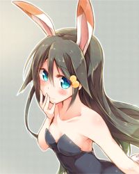 Rule 34 | 10s, 1girl, animal ears, bare arms, bare shoulders, black hair, blue eyes, blush, breasts, cleavage, closed mouth, collarbone, embarrassed, fake animal ears, female focus, from side, grey background, hair between eyes, hair ornament, hairclip, hand on own face, hand to own mouth, izumi reina, leotard, long hair, looking at viewer, musaigen no phantom world, neck, outline, playboy bunny, rabbit ears, rabbit tail, rinrin (927413), shy, simple background, small breasts, solo, strapless, strapless leotard, tail, upper body, very long hair