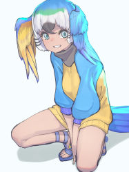 Rule 34 | 1girl, between legs, bird girl, bird tail, bird wings, black hair, blonde hair, blue-and-yellow macaw (kemono friends), blue eyes, blue footwear, blue hair, blue sweater, don3, green hair, grey hair, hair between eyes, hand between legs, head wings, highres, kemono friends, looking at viewer, puffy sleeves, sandals, short hair, solo, squatting, sweater, tail, turtleneck, turtleneck sweater, two-tone sweater, white hair, wings, yellow sweater