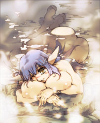 Rule 34 | 1girl, ass, barefoot, blue hair, blush, bracelet, breast pillow, breast rest, breasts, elf, feet, female focus, hair ornament, hairclip, hisahiko, huge breasts, jewelry, lying, nipples, nude, on stomach, one eye closed, onsen, original, pointy ears, puffy nipples, self pillow, soles, solo, steam, submerged, water, wink, yellow eyes