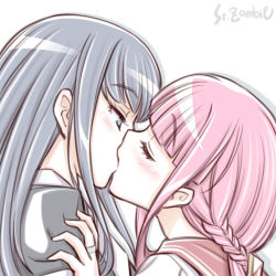 Rule 34 | 2girls, artist name, blue eyes, blue hair, blunt bangs, blush, braid, closed eyes, commentary request, face-to-face, from side, jewelry, kiss, long hair, looking at another, magia record: mahou shoujo madoka magica gaiden, mahou shoujo madoka magica, multiple girls, nanami yachiyo, pink hair, pink sailor collar, ring, sailor collar, sidelocks, simple background, studiozombie, tamaki iroha, upper body, white background, yuri