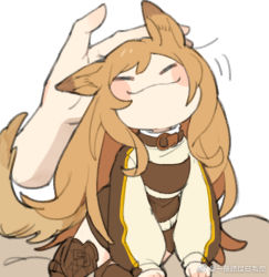 Rule 34 | 1girl, :3, animal ears, arknights, baiwei er hao ji, blush, boots, brown coat, brown collar, brown footwear, brown hair, ceobe (arknights), chibi, coat, collar, dog ears, dog tail, closed eyes, headpat, long hair, simple background, solo, tail, thigh boots, thighhighs, weibo watermark, white background
