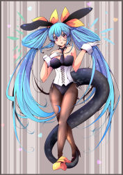 Rule 34 | 1girl, animal ears, bare shoulders, black bow, black necktie, blue hair, bow, breasts, dizzy (guilty gear), fake animal ears, gloves, guilty gear, guilty gear xrd, hair between eyes, hair ribbon, hair rings, hand on own chest, heart, high heels, highres, iguana henshuu-chou, large breasts, leotard, long hair, monster girl, necktie, open mouth, pantyhose, playboy bunny, rabbit ears, red eyes, ribbon, solo, tail, tail ornament, tail ribbon, thighhighs, twintails, white gloves, wrist cuffs, yellow ribbon