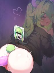 Rule 34 | 1girl, :d, anal, animal ears, black shirt, character request, copyright request, from behind, glory wall, green hair, heart, heart-shaped pupils, highres, kupa (jesterwii), long hair, long sleeves, looking at viewer, looking back, open mouth, photo (object), shirt, smile, stuck, symbol-shaped pupils, tail, through wall, virtual youtuber