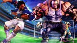 Rule 34 | 1girl, 2boys, abigail (final fight), abs, alternate costume, armband, bad id, bad pixiv id, ball, belt, black footwear, black hair, blonde hair, blue footwear, boots, cleats, collar, covered navel, dark skin, facial hair, final fight, grin, highres, holding, holding microphone, jersey, jewelry, microphone, multiple boys, muscular, net, pointing, rainbow mika, rashid (street fighter), ring, scouter, shidouwork, shoes, shorts, size difference, skull print, smile, soccer ball, soccer field, soccer uniform, spiked collar, spikes, sportswear, stadium, street fighter, street fighter v, twintails, white footwear, white shorts