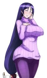 Rule 34 | 1girl, ^ ^, blush, breasts, choi kada, closed eyes, cowboy shot, denim, fate/grand order, fate (series), hand on own cheek, hand on own face, huge breasts, jeans, long hair, looking at viewer, minamoto no raikou (fate), open mouth, pale skin, pants, purple hair, ribbed sweater, simple background, smile, solo, standing, sweater, turtleneck, turtleneck sweater, very long hair, white background, yoroi kabuto