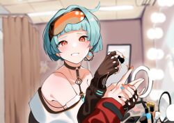 Rule 34 | 1girl, 1other, ahoge, applying manicure, bare shoulders, black nails, blue hair, blue nails, blush, breasts, choker, commander (girls&#039; frontline), commission, curtains, earrings, ert raitsui, fingerless gloves, girls&#039; frontline, gloves, goggles, goggles on head, highres, indoors, jewelry, long sleeves, looking at viewer, nail polish, non-web source, orange eyes, orange nails, painting nails, short hair, single earring, skeb commission, small breasts, smile, solo focus, table, vanity table, zas m21 (girls&#039; frontline)