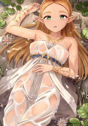 Rule 34 | 1girl, absurdres, bare shoulders, blonde hair, dress, flower, gold bracelet, grass, green eyes, hand on own stomach, highres, jewelry, lily pad, long hair, looking at viewer, lying, necklace, nintendo, on back, parted lips, partially submerged, pointy ears, princess zelda, see-through, skywalker0610, sleeveless, sleeveless dress, solo, strapless, strapless dress, the legend of zelda, the legend of zelda: breath of the wild, triforce, water, wet, wet clothes, wet hair, white dress