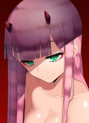 Rule 34 | 10s, 1girl, absurdres, breasts, closed mouth, darling in the franxx, gradient background, green eyes, highres, horns, long hair, looking at viewer, mangsangkkuing, nude, pink hair, red background, smile, solo, upper body, zero two (darling in the franxx)
