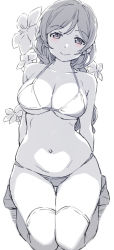 Rule 34 | 1girl, bikini, breasts, closed mouth, collarbone, duke (inu daimyou), flower, greyscale, large breasts, looking at viewer, love live!, love live! school idol project, monochrome, navel, simple background, sitting, smile, solo, swimsuit, thigh gap, thighhighs, thighs, tojo nozomi, wariza, white background