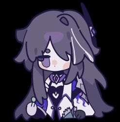 Rule 34 | 1girl, acheron (honkai: star rail), animated, animated gif, armor, axue, bandaged arm, bandages, black choker, black gloves, black shirt, candy, chibi, chibi only, chinese commentary, choker, coat, commentary request, eating, food, gloves, hair ornament, hair over one eye, halterneck, highres, holding, holding candy, holding food, honkai: star rail, honkai (series), long hair, multicolored hair, purple eyes, purple hair, shirt, shoulder armor, simple background, single wide sleeve, solo, streaked hair, trick snack (honkai: star rail), white background, white coat