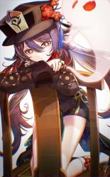 Rule 34 | 1girl, aratakosu (tako&#039;s), arm rest, black hat, black jacket, black nails, black shorts, brown hair, chair, chinese clothes, chromatic aberration, coattails, commentary, crossed arms, expressionless, eyelashes, flower, flower-shaped pupils, full body, genshin impact, ghost, grey background, hat, hat flower, highres, hu tao (genshin impact), jacket, jewelry, kneeling, long hair, long sleeves, looking at viewer, multicolored hair, multiple rings, nail polish, parted lips, plum blossoms, porkpie hat, red eyes, red hair, red shirt, ring, shirt, short shorts, shorts, signature, simple background, socks, solo, symbol-only commentary, symbol-shaped pupils, tangzhuang, tassel, twintails, two-tone hair, white socks
