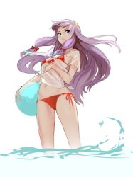 Rule 34 | 1girl, absurdres, ball, beachball, bikini, blue bow, blue eyes, bow, breasts, crescent, crescent hair ornament, floating hair, front-tie top, hair bow, hair ornament, highres, large breasts, long hair, lumo 1121, micro bikini, patchouli knowledge, purple hair, red bikini, red bow, see-through, shirt, side-tie bikini bottom, sidelocks, simple background, smile, solo, standing, swimsuit, tied shirt, touhou, underboob, wading, water, white background, white shirt