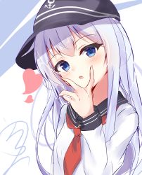Rule 34 | 1girl, anchor symbol, black sailor collar, blue eyes, blue hair, blush, commentary request, flat cap, hat, heart, hibiki (kancolle), highres, kantai collection, light blue hair, long hair, long sleeves, looking at viewer, neckerchief, nekoya crow, open mouth, red neckerchief, sailor collar, school uniform, serafuku, shirt, solo, two-tone background, white shirt