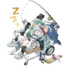 Rule 34 | 1girl, aged down, animal ears, assault rifle, black socks, blanket, blush stickers, bullpup, caseless firearm, character doll, closed eyes, clothes writing, cui pi zha xia qiu, fish-shaped pillow, fishing rod, full body, g11 (fluffy dumptruck) (girls&#039; frontline), g11 (girls&#039; frontline), girls&#039; frontline, green blanket, grey hair, gun, h&amp;k g11, headband, highres, hk416 (black kitty&#039;s gift) (girls&#039; frontline), hk416 (girls&#039; frontline), in cart, jitome, kemonomimi mode, knee pads, long hair, lying, mouse ears, notched ear, official alternate costume, official art, on back, open mouth, paper hat, patchwork clothes, paw print, red headband, rifle, sale, shoes, shopping cart, simple background, single knee pad, sleeping, sneakers, socks, solo, spool, sticker, stitches, third-party source, transparent background, ump45 (agent lop rabbit) (girls&#039; frontline), ump45 (girls&#039; frontline), ump9 (girls&#039; frontline), ump9 (shiba investigator) (girls&#039; frontline), very long hair, weapon, white footwear, zzz