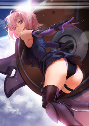 Rule 34 | 1girl, armor, armored dress, ass, blue sky, bodysuit, breasts, cloud, dutch angle, elbow gloves, fate/grand order, fate (series), from below, gloves, kyou-chan, large breasts, mash kyrielight, purple eyes, purple hair, sky, solo, thighhighs, thighs